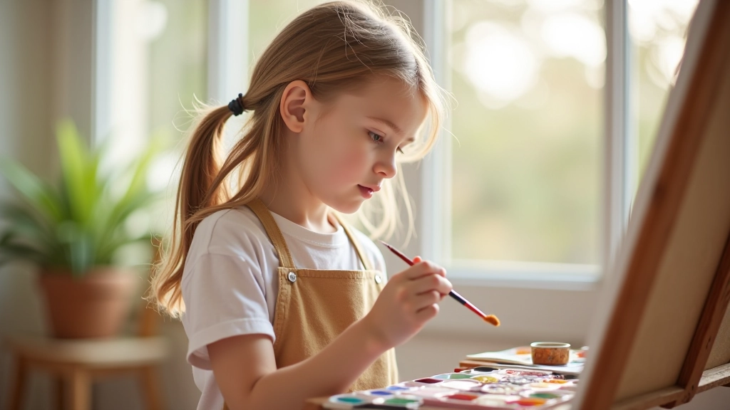 Child painting at an easel with vibrant watercolors and brushes in a bright, light-filled art studio