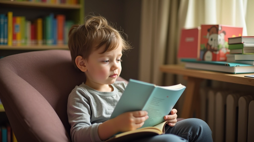 Young reader enjoying book in comfortable reading nook surrounded by colorful children's books