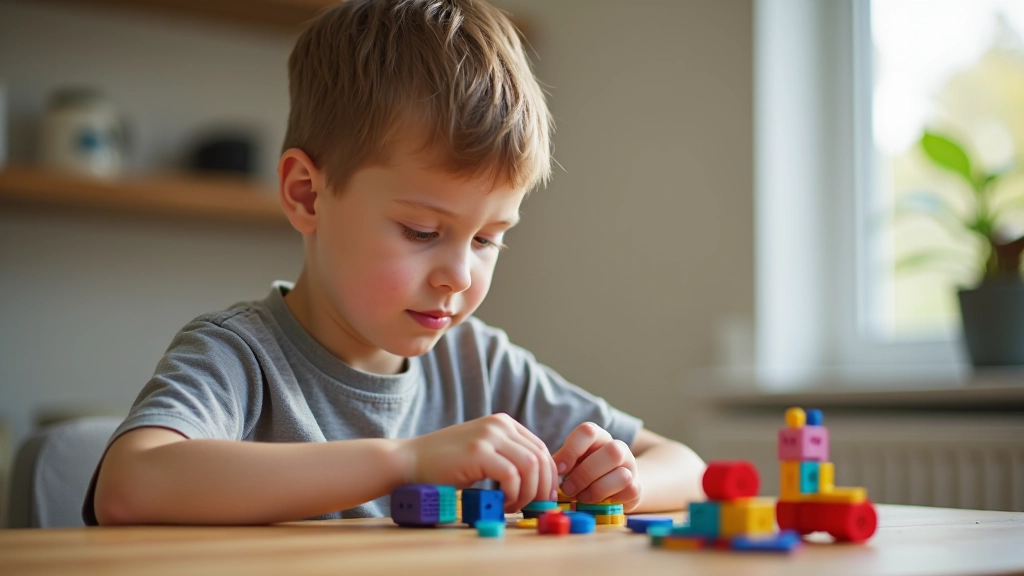 Child aged 8-10 fully clothed, focused on assembling a colorful robotic building kit at a table with concentration and determination