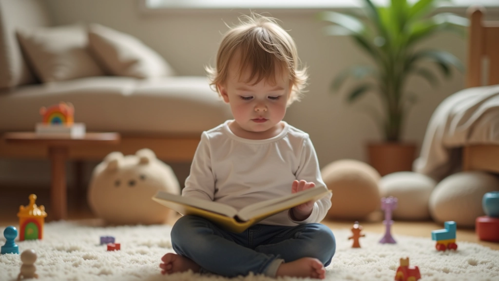Child reading book while sitting on bedroom floor surrounded by toys and relaxed comfort