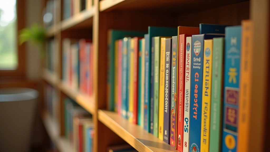 Bookshelf filled with colorful children's books of various genres and reading levels, warm home lighting