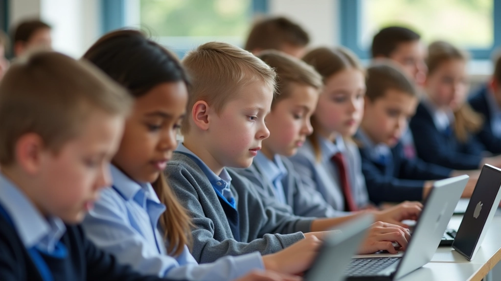 Diverse group of children aged 10-12 in classroom setting, working in pairs with coding laptops and tablets in organized learning environment
