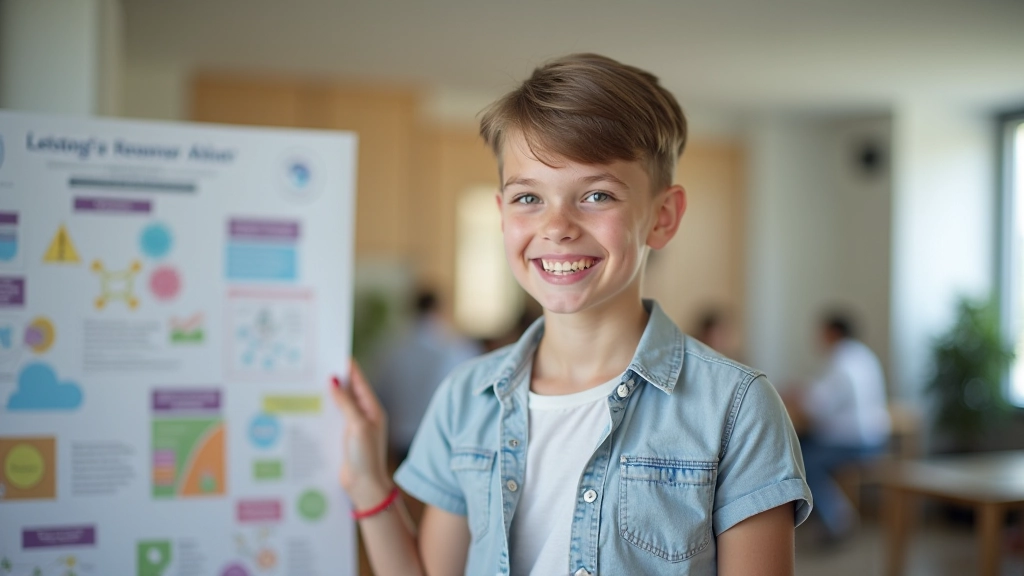 Teen student confidently presenting a science project to an audience showing learned communication and presentation skills